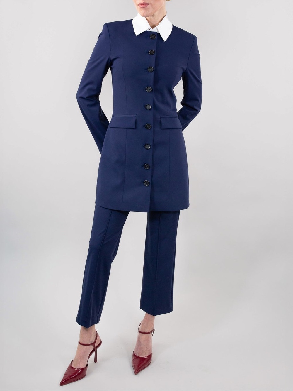 LUXEIRE Jewel-Neck Coat Dress {$398} Tailored Structured Navy Blazer Stretch XS